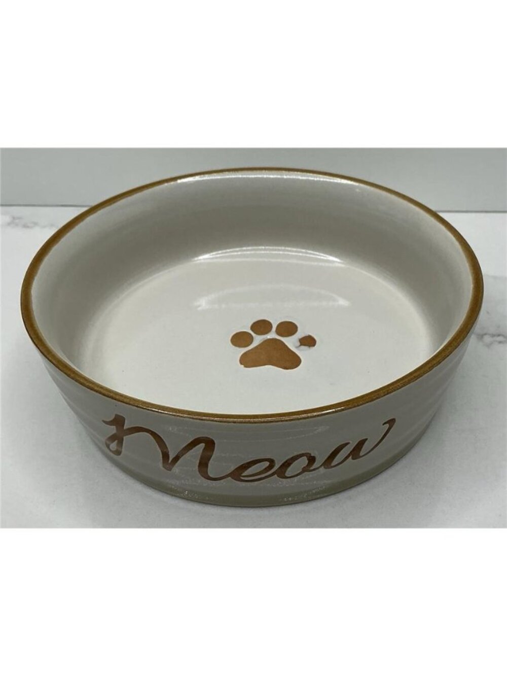 Spectrum Designz Cat Dish Ceramic Pet Bowl Tan Meow Paw Fifi Elegant 4.9” New